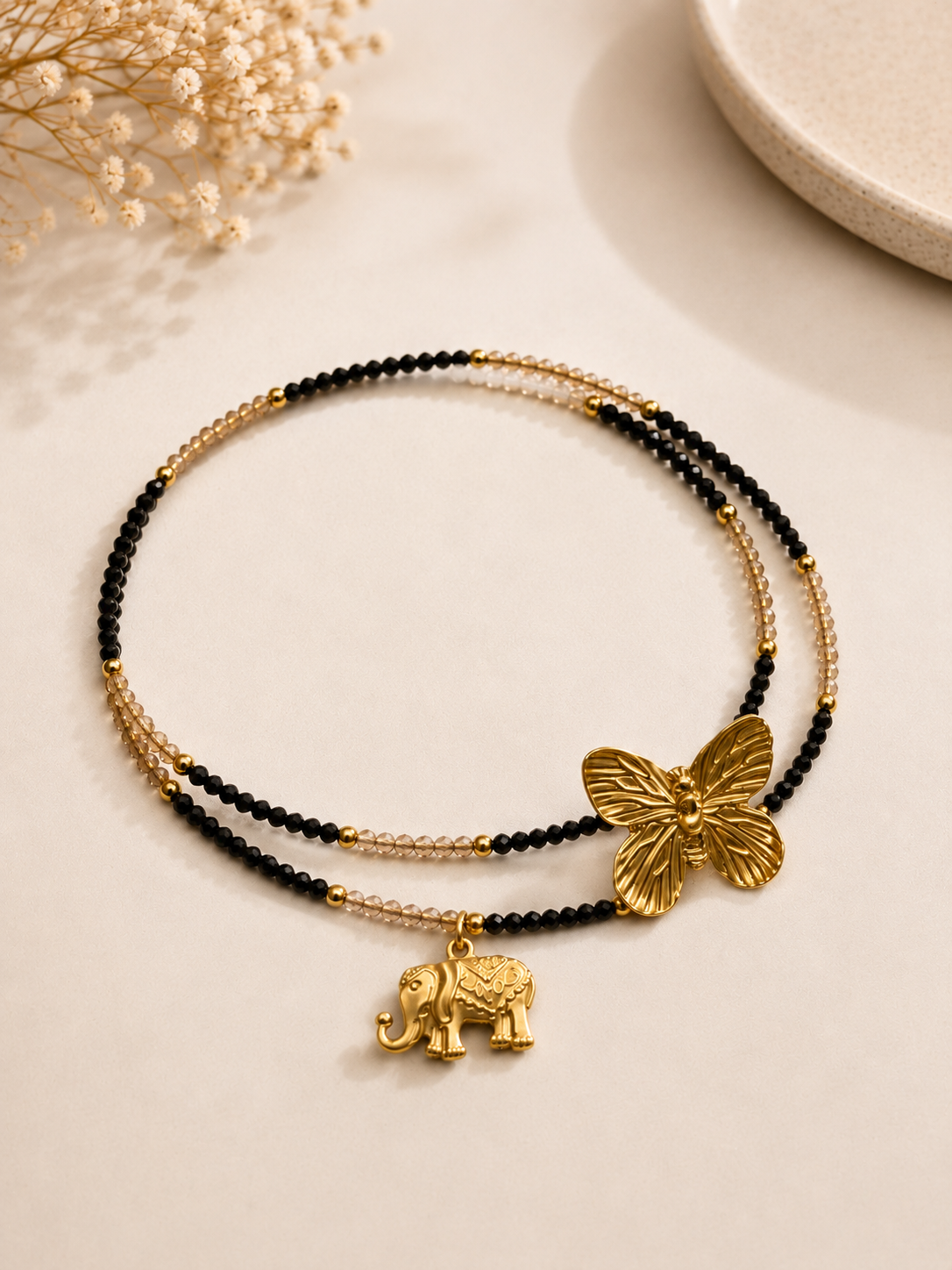 Golden Butterfly & Elephant Layered Necklace