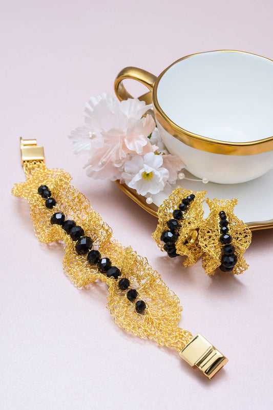 Black & Gold Nalu Maxi Hoops Handmade Crochet Earrings