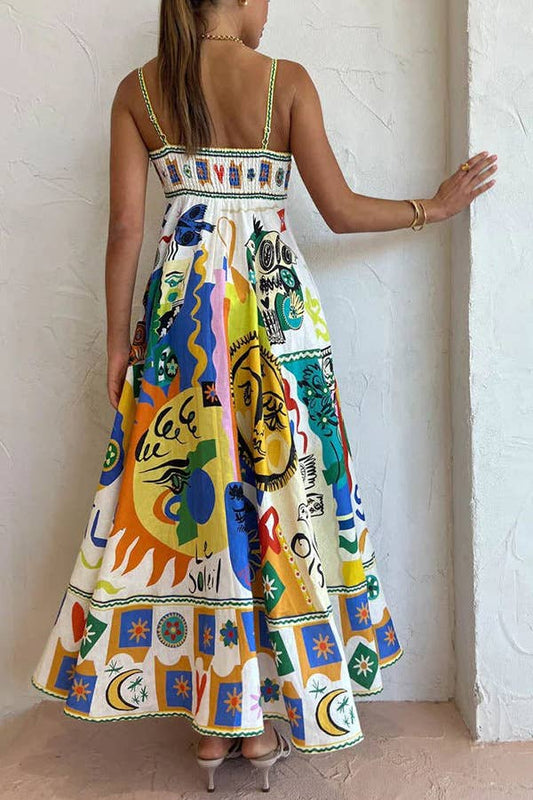 Folk print polyester strap swing midi dress