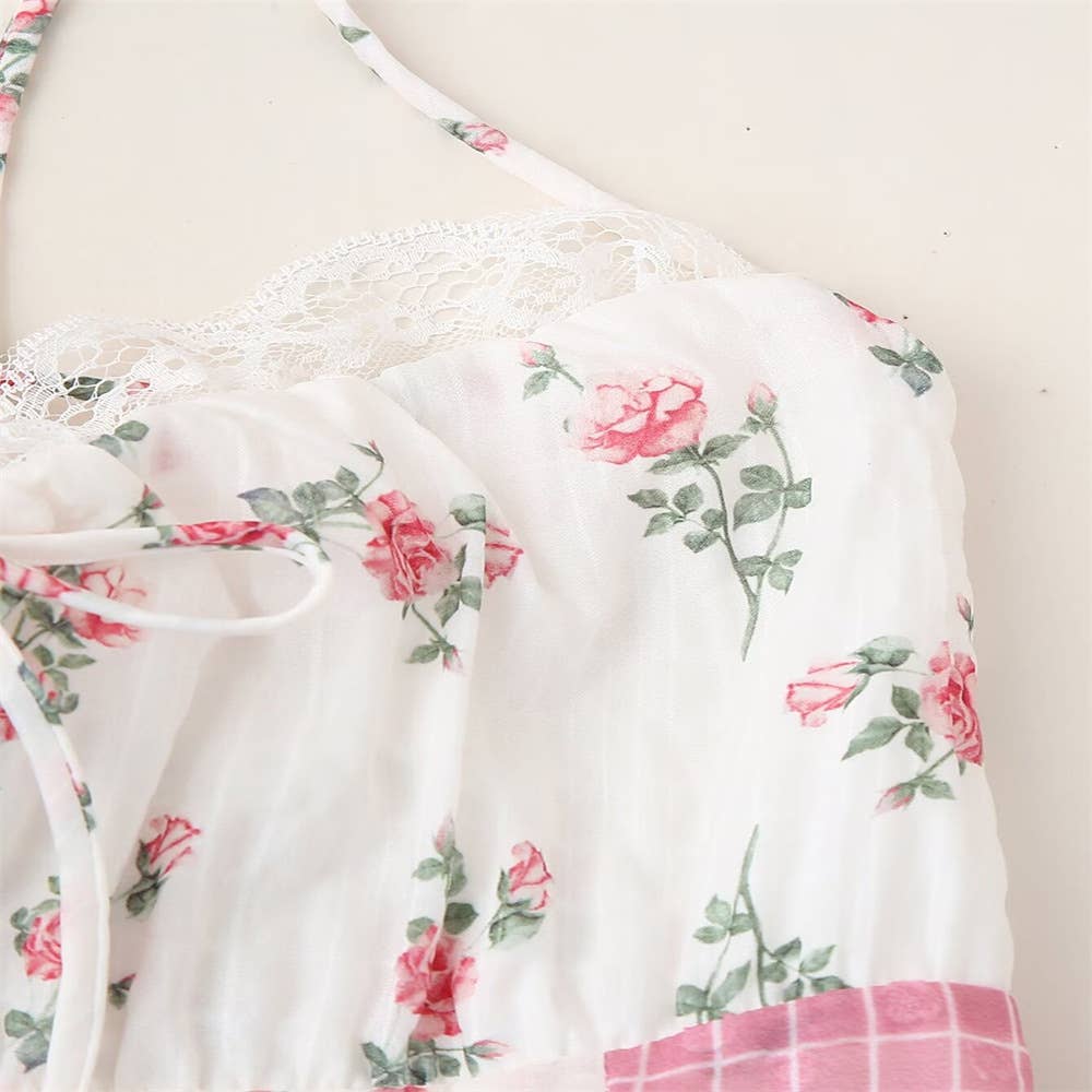 Floral sheer mesh lace patchwork halter maxi flare dress: Floral