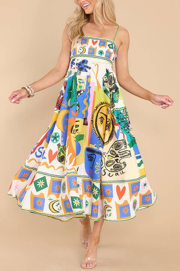 Folk print polyester strap swing midi dress