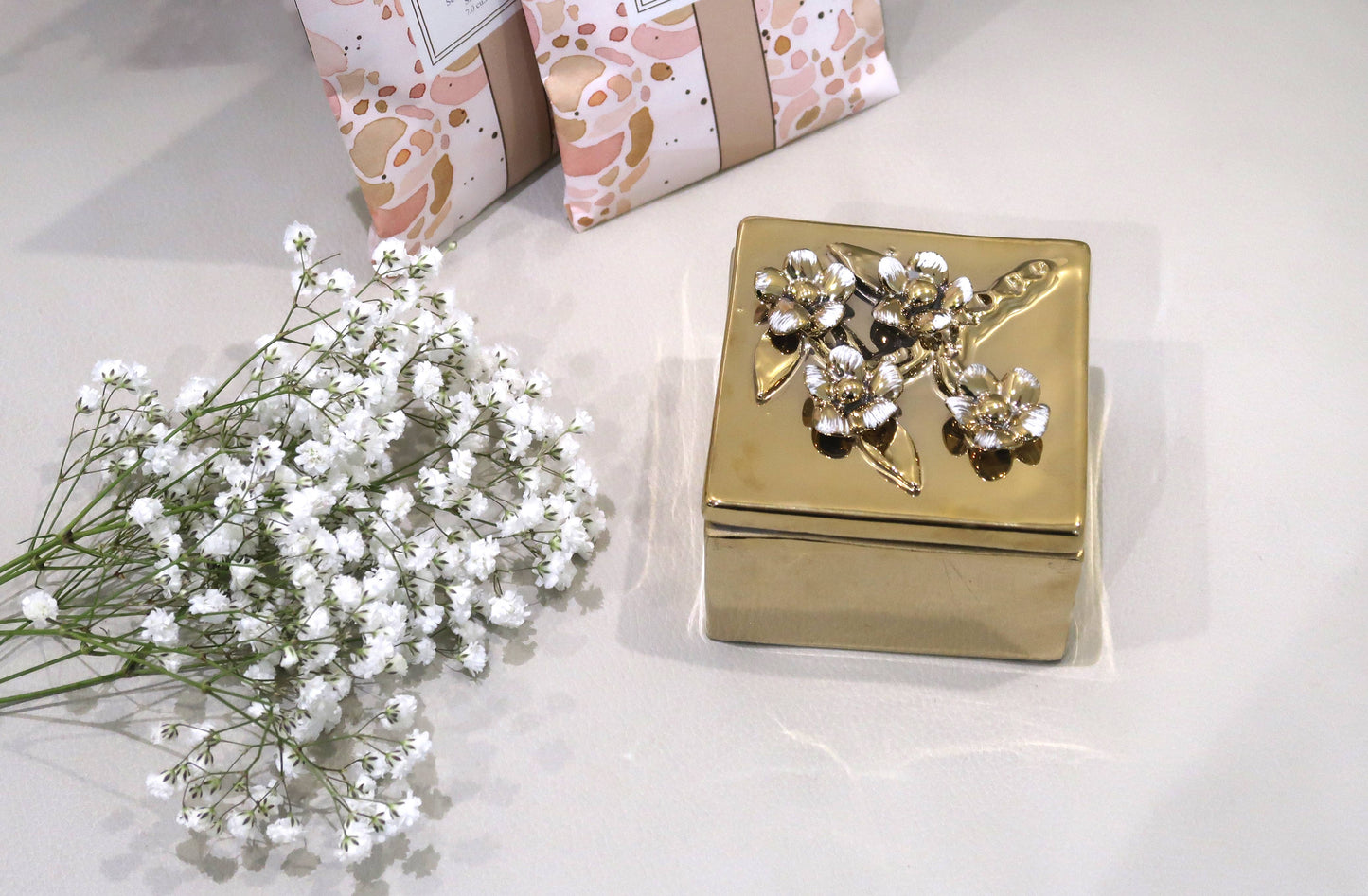 Square Gold Decorative Box With Flower Design on the Lid: Floral