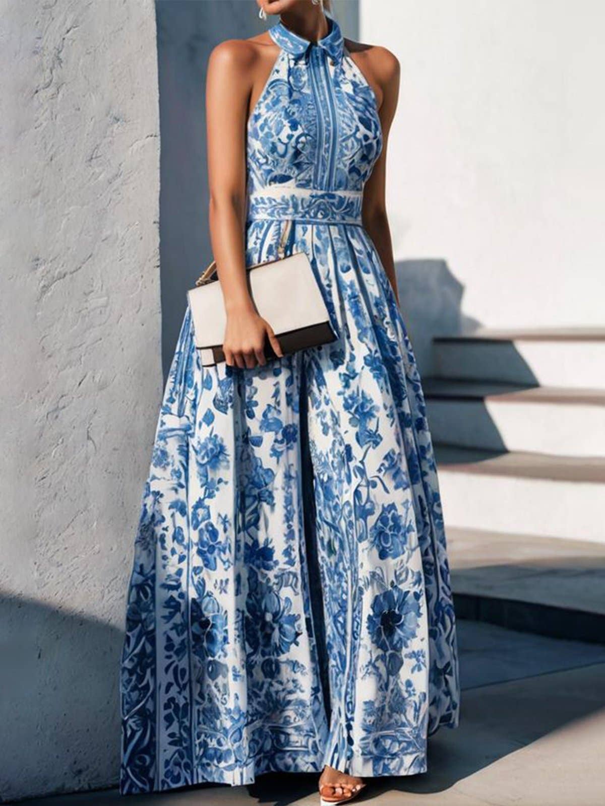 Blue Floral print Elegant fit & flare swing maxi dress