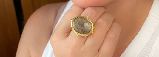 Gold coin ring with faceted smoky quartz crystal