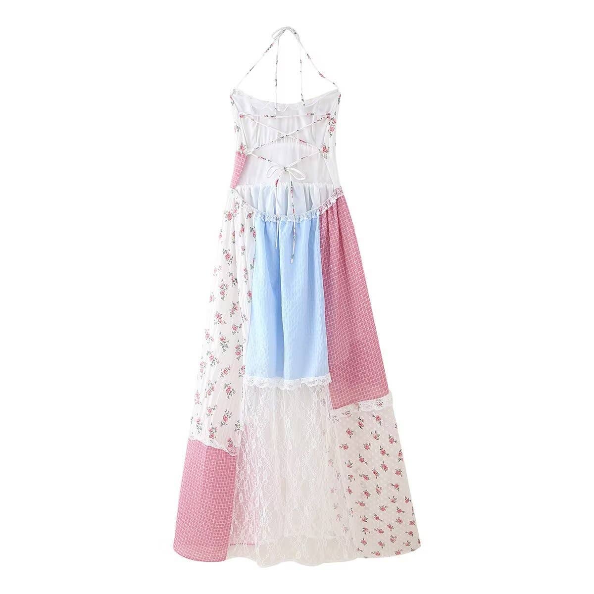 Floral sheer mesh lace patchwork halter maxi flare dress: Floral