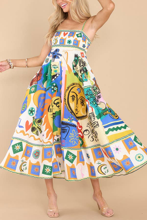 Folk print polyester strap swing midi dress