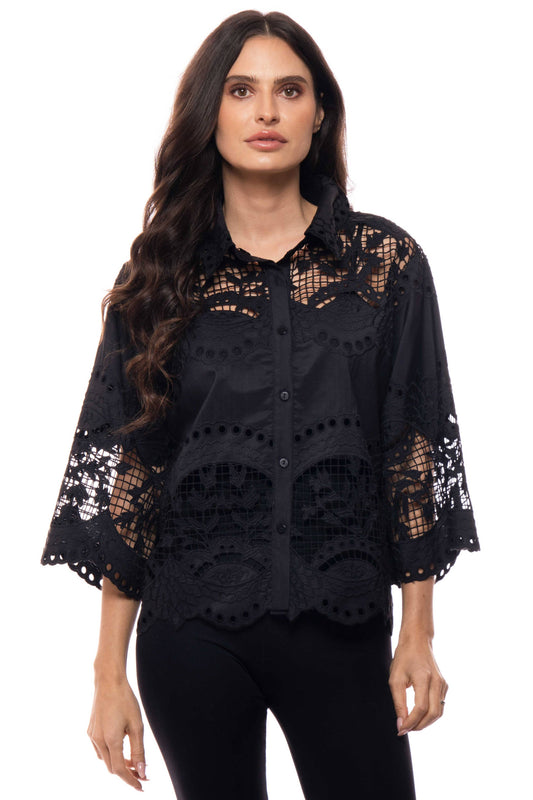 A104-B Embroidered Lace Button-Down Blouse: L