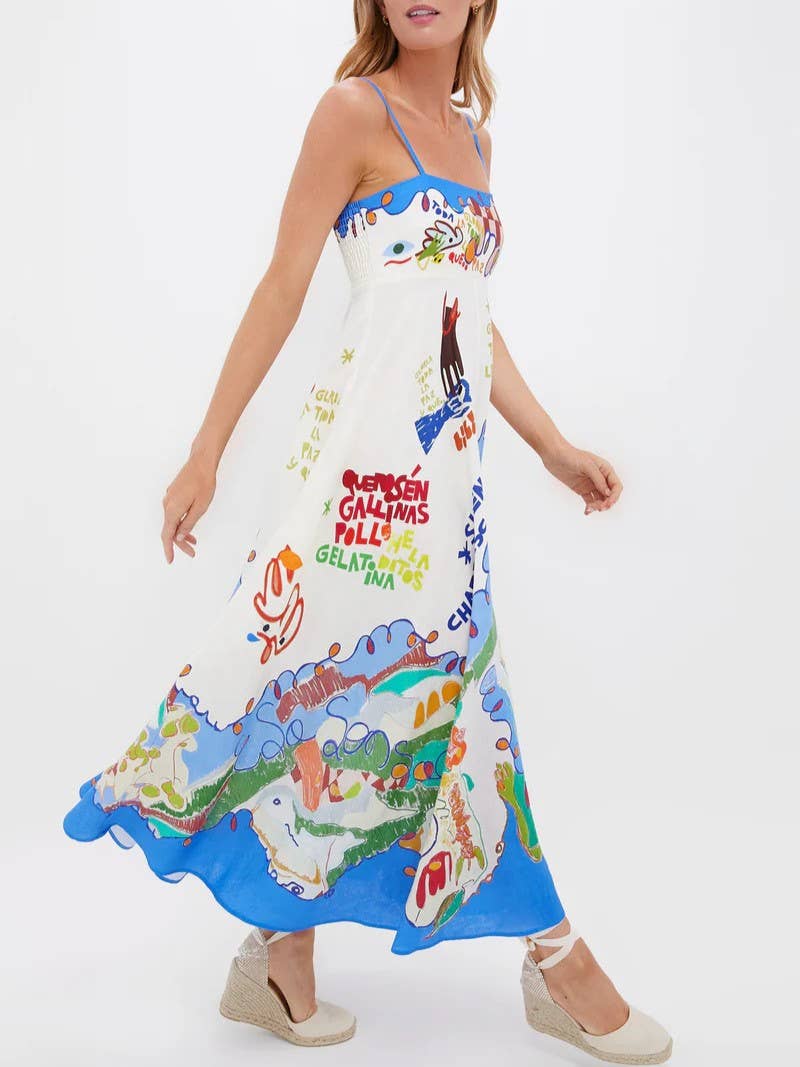Sciacca Marine life printed Swing Style strappy sundress: DarkBlue