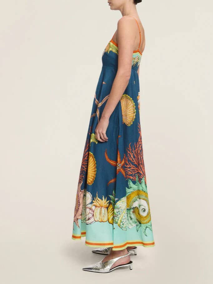 Sciacca Marine life printed Swing Style strappy sundress: DarkBlue