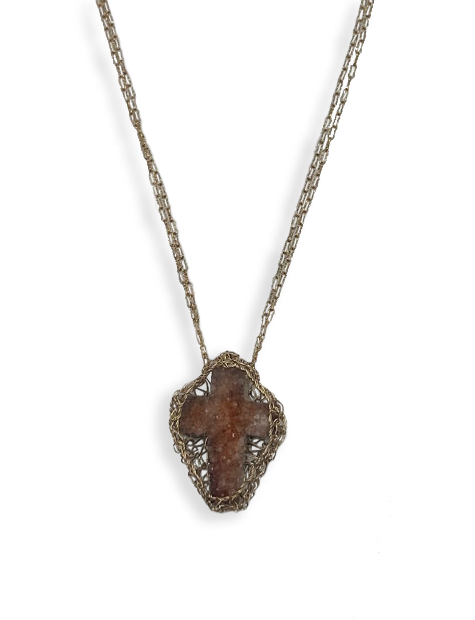 Agate Cross Necklace with18k gold-filled wirework