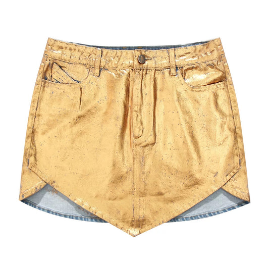 Gold Painted Irregular Shape Jeans Skirts