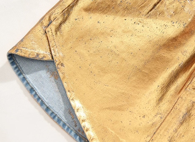 Gold Painted Irregular Shape Jeans Skirts