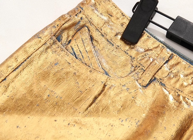 Gold Painted Irregular Shape Jeans Skirts