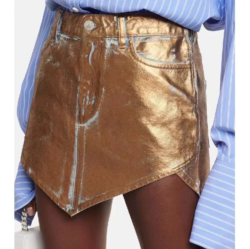 Gold Painted Irregular Shape Jeans Skirts