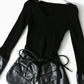 SPLICED PU LEATHER RIBBED SWEATER