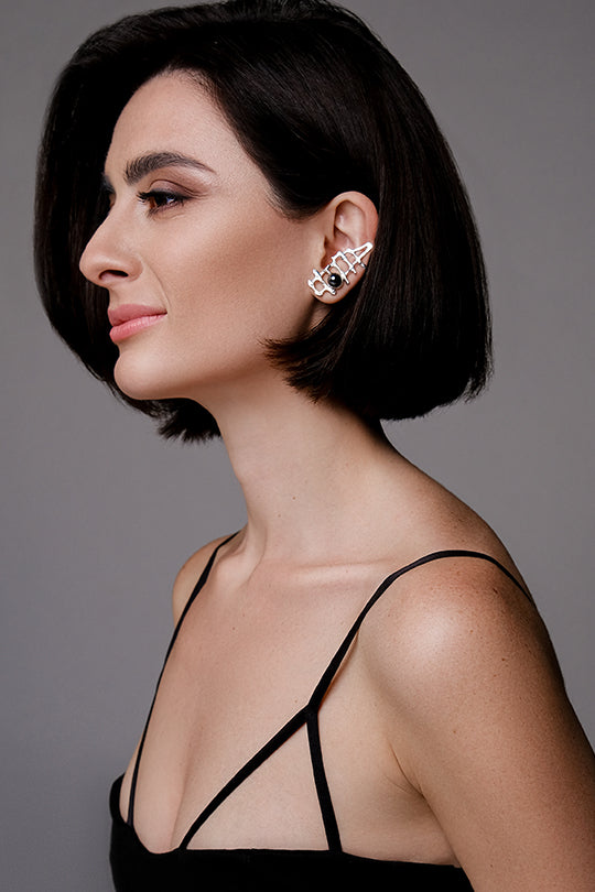 Vienna My Love set of the silver cuff & stud with black pearls - Lusanet Collective