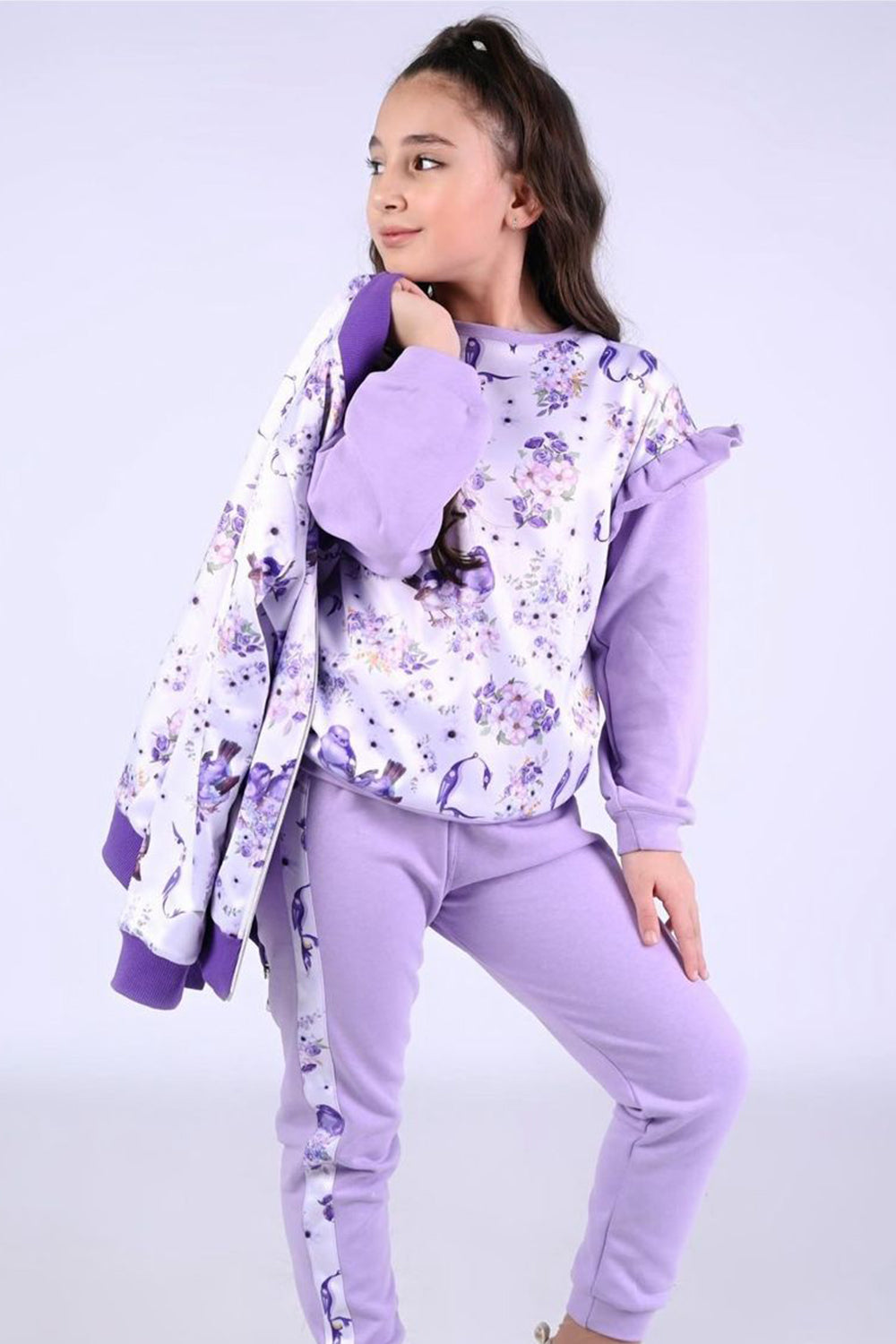 Purple Flower Bird Sweat Set