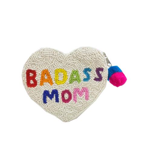 BADASS MOM HEART SHAPE BEADED COIN POUCH
