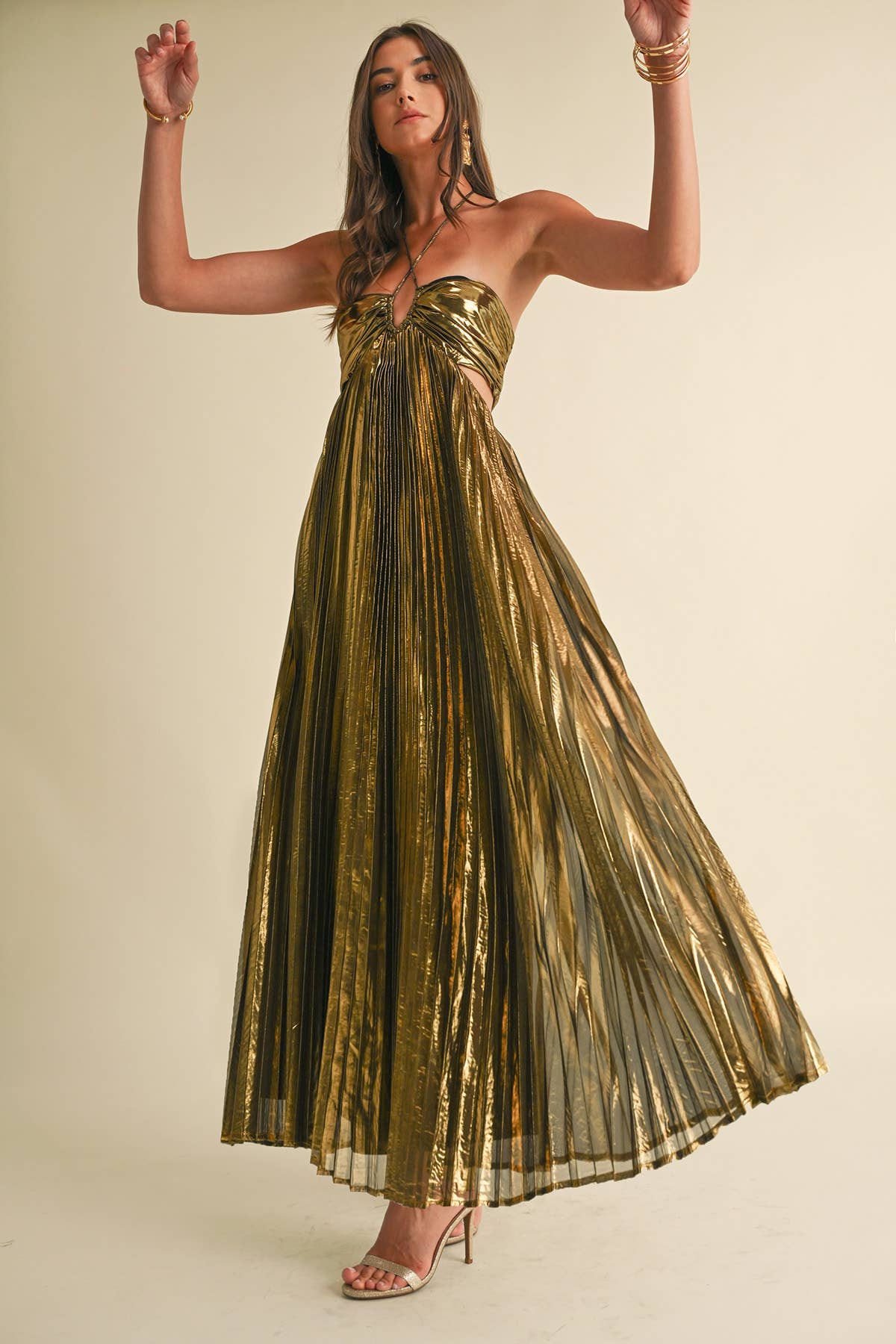 Metallic Pleat Maxi Dress