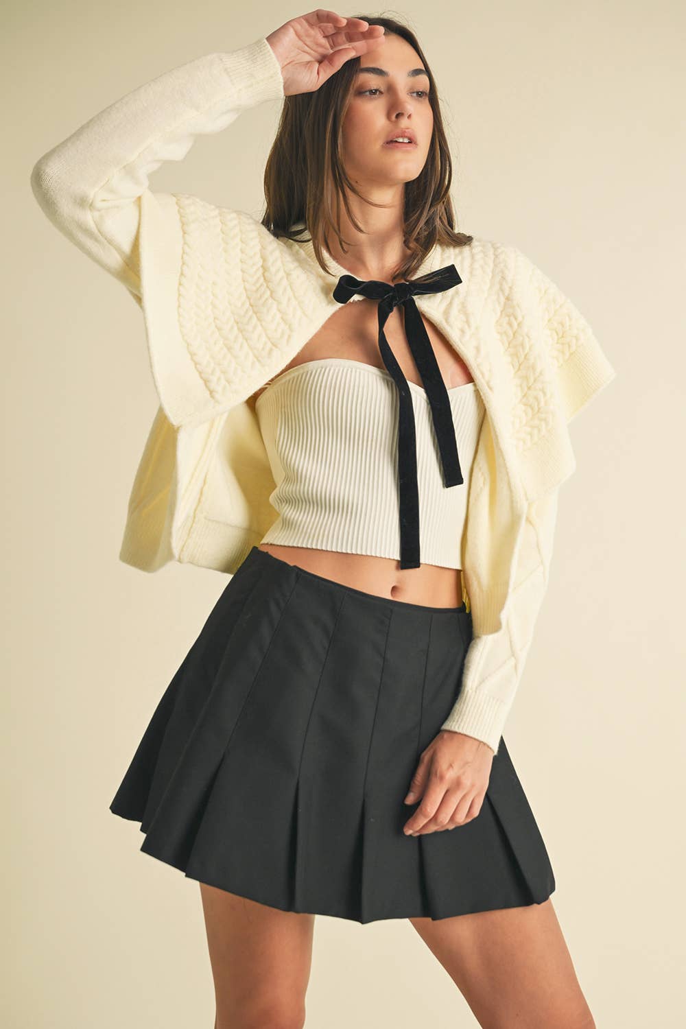 Cape-effect Cable Knit Cardigan: CREAM / Contemporary