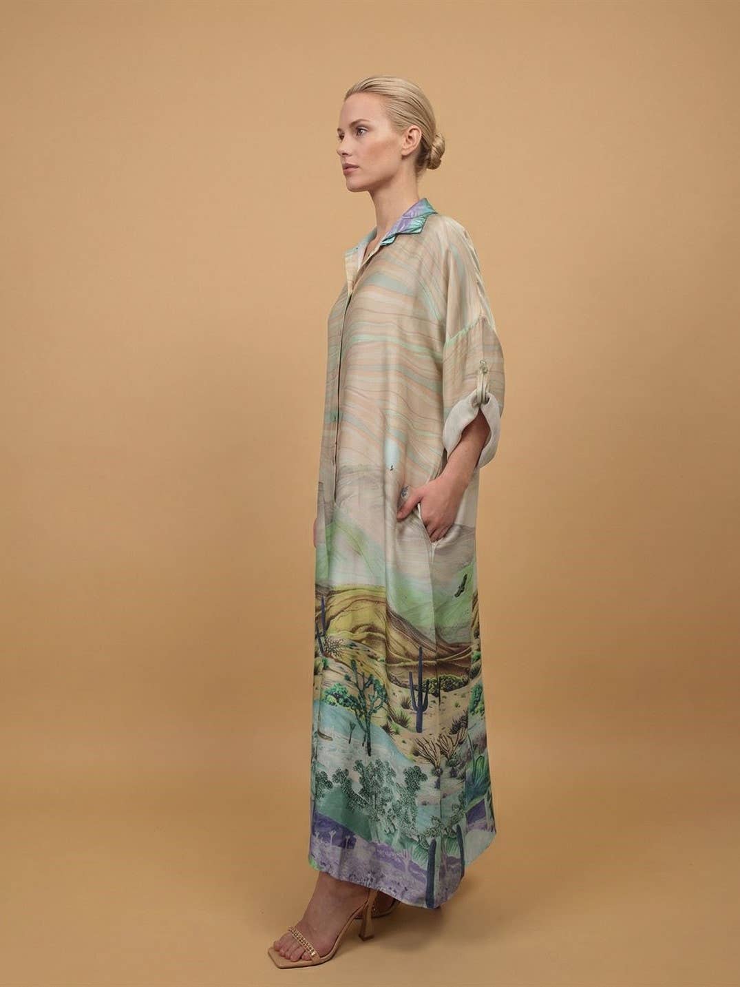 Long satin desert landscape print dress – KD9316VS-34: Sky Blue