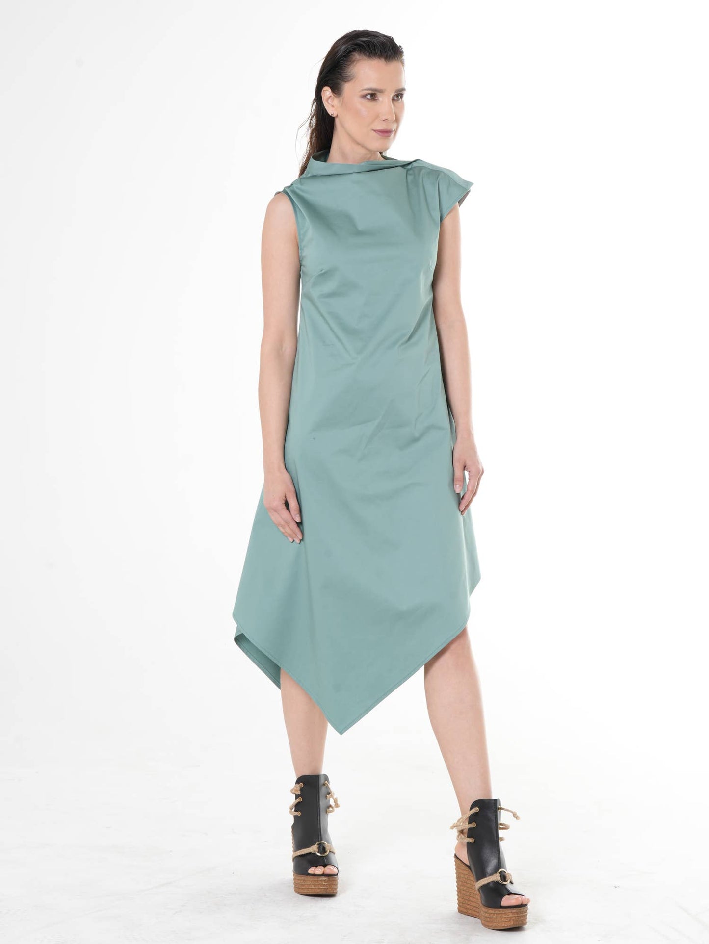 Elegant Satin Cotton Dress In Mint: Black / XL