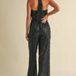 Feather Sequin Jumpsuit: Black