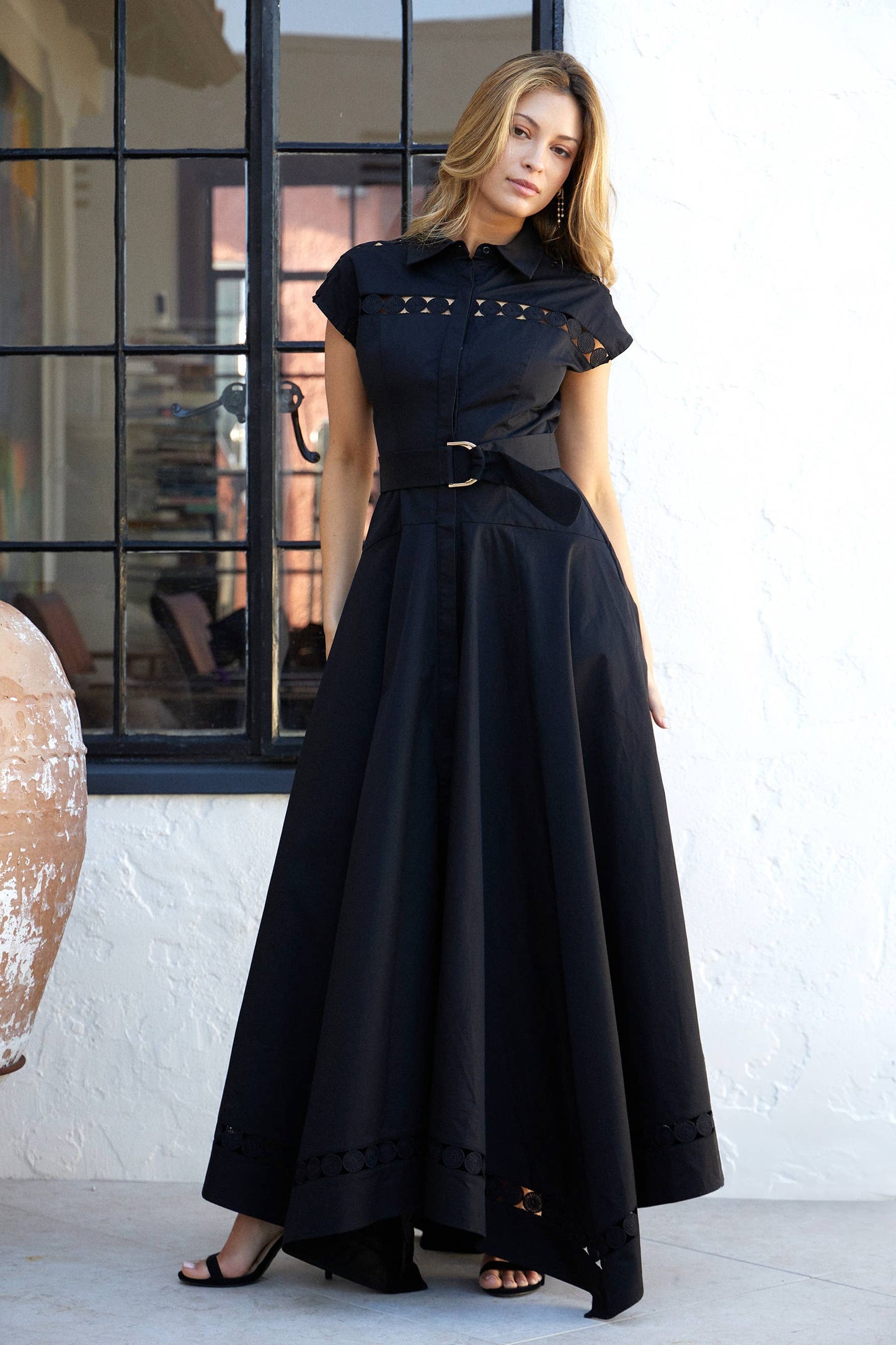 Short Sleeve Lace Trim Belted Maxi Dress