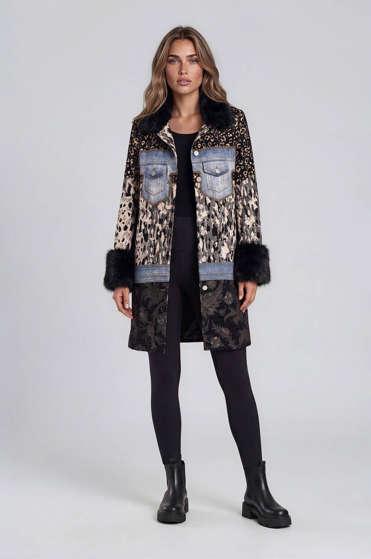 Mixed Media Faux Fur Trim Jacket