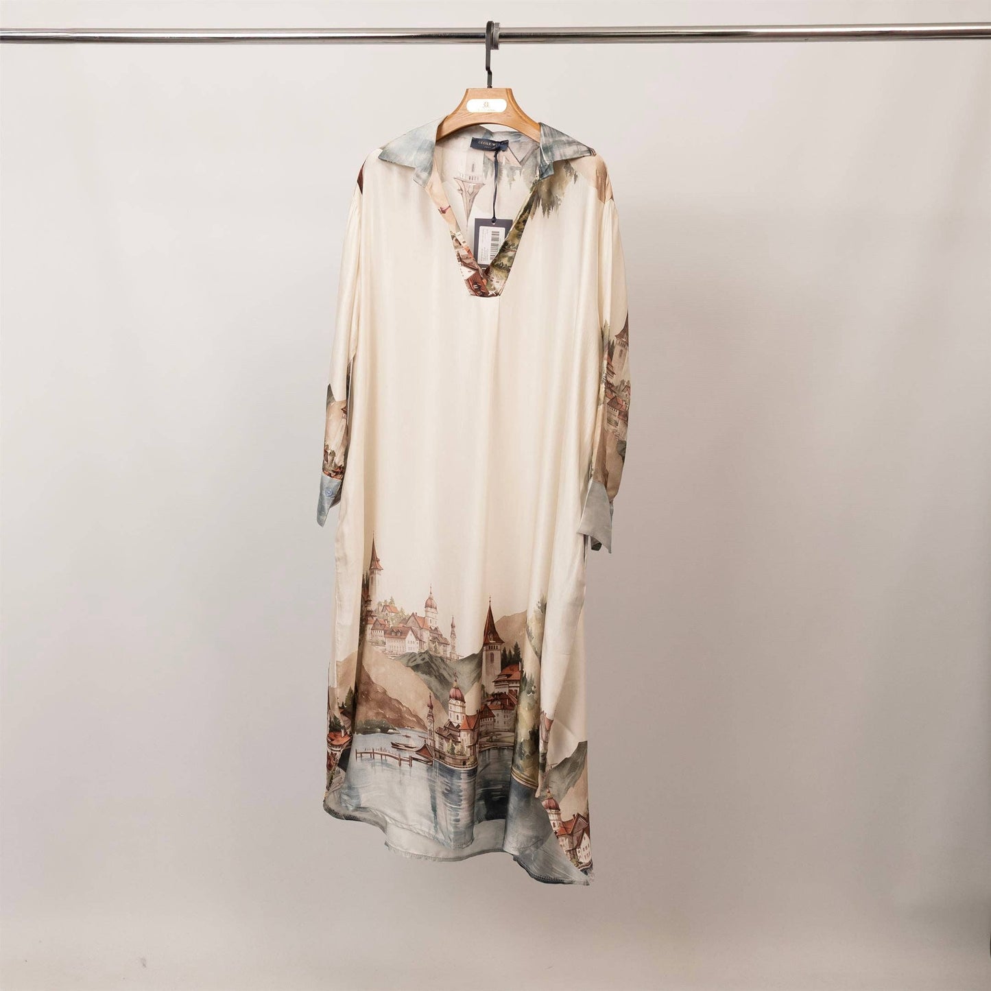Long satin landscape print dress – KD6120VS-32: Navy Blue