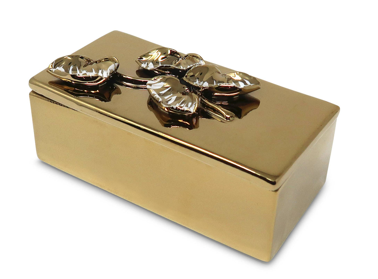 Oblong Gold Decorative Box With Flower Design Lid: Flower