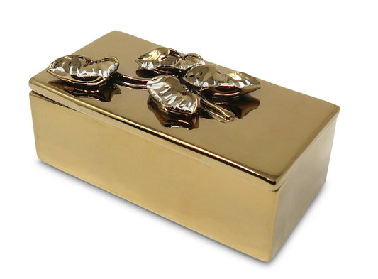 Oblong Gold Decorative Box With Flower Design Lid: Flower