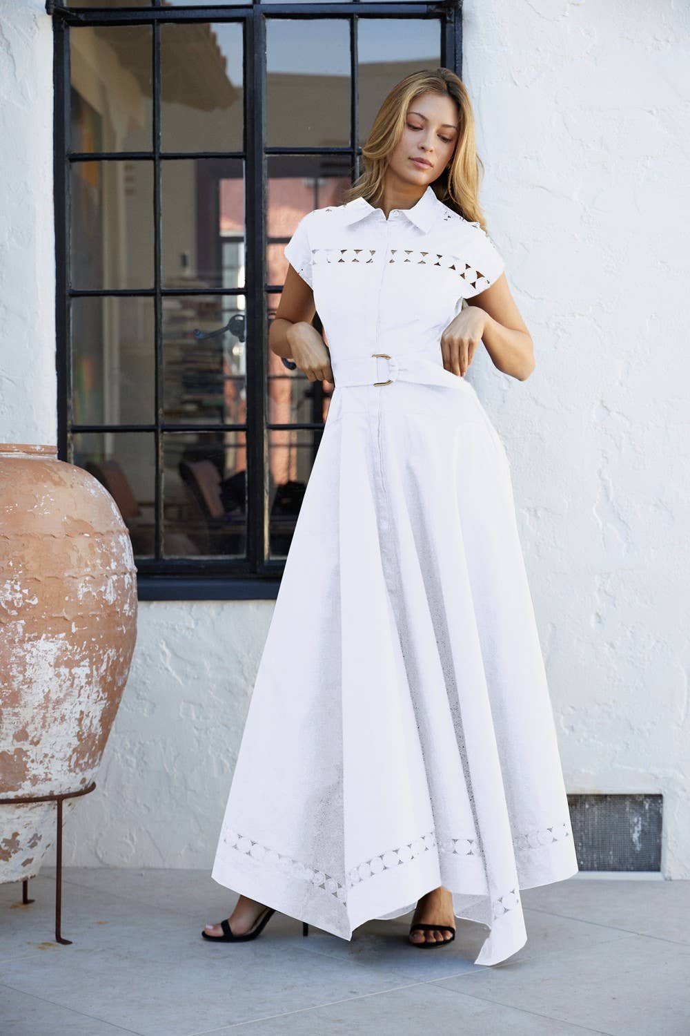 Short Sleeve Lace Trim Belted Maxi Dress