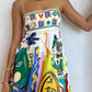Folk print polyester strap swing midi dress