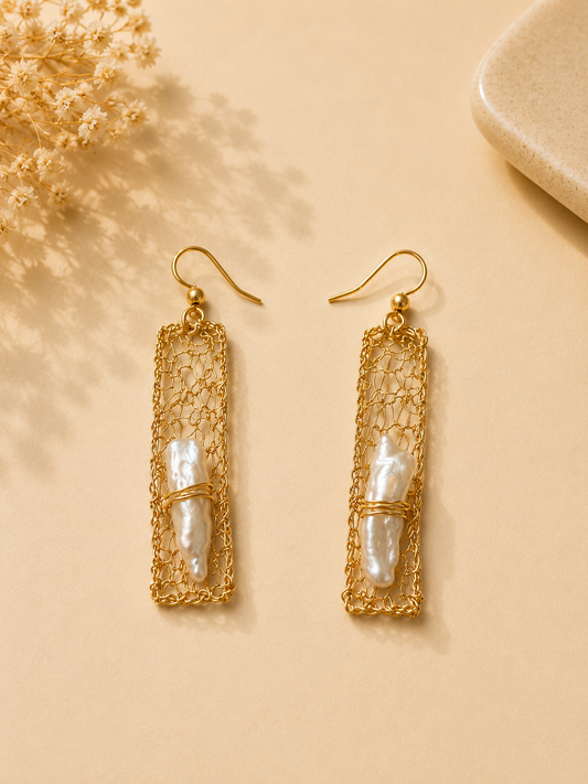 Baroque Freshwater Pearl Golden Mesh Earrings