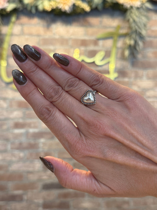 Small Silver Beaded Heart Ring