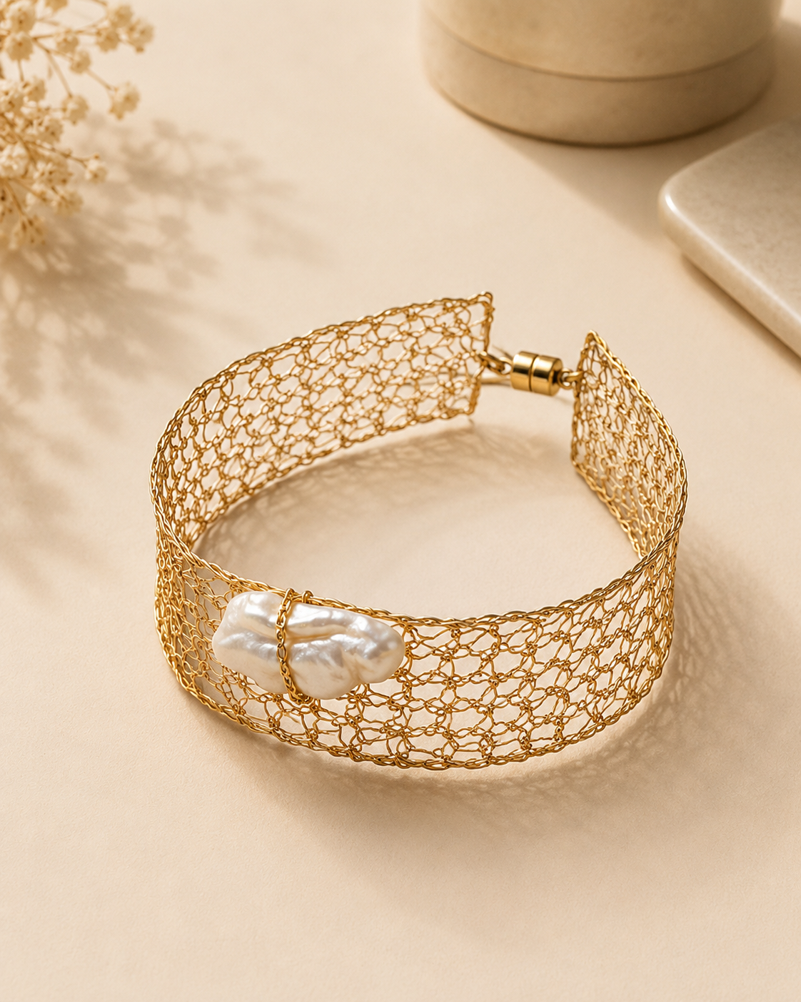 Baroque Freshwater Pearl Woven Cuff Bracelet