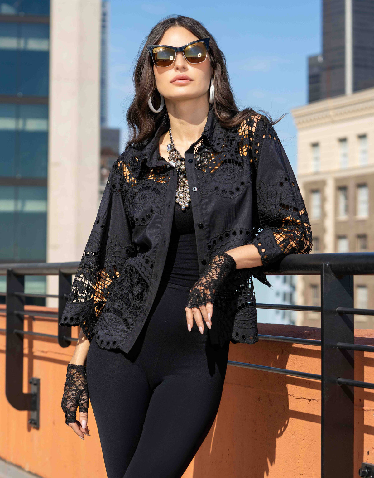 A104-B Embroidered Lace Button-Down Blouse: L