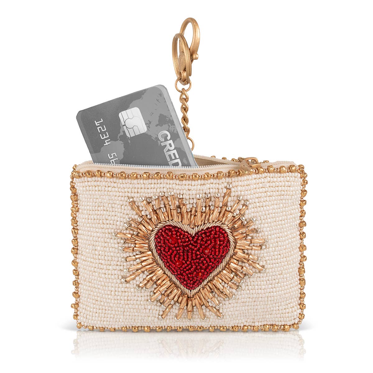 Heart Burst beaded red, gold, and cream coin purse.