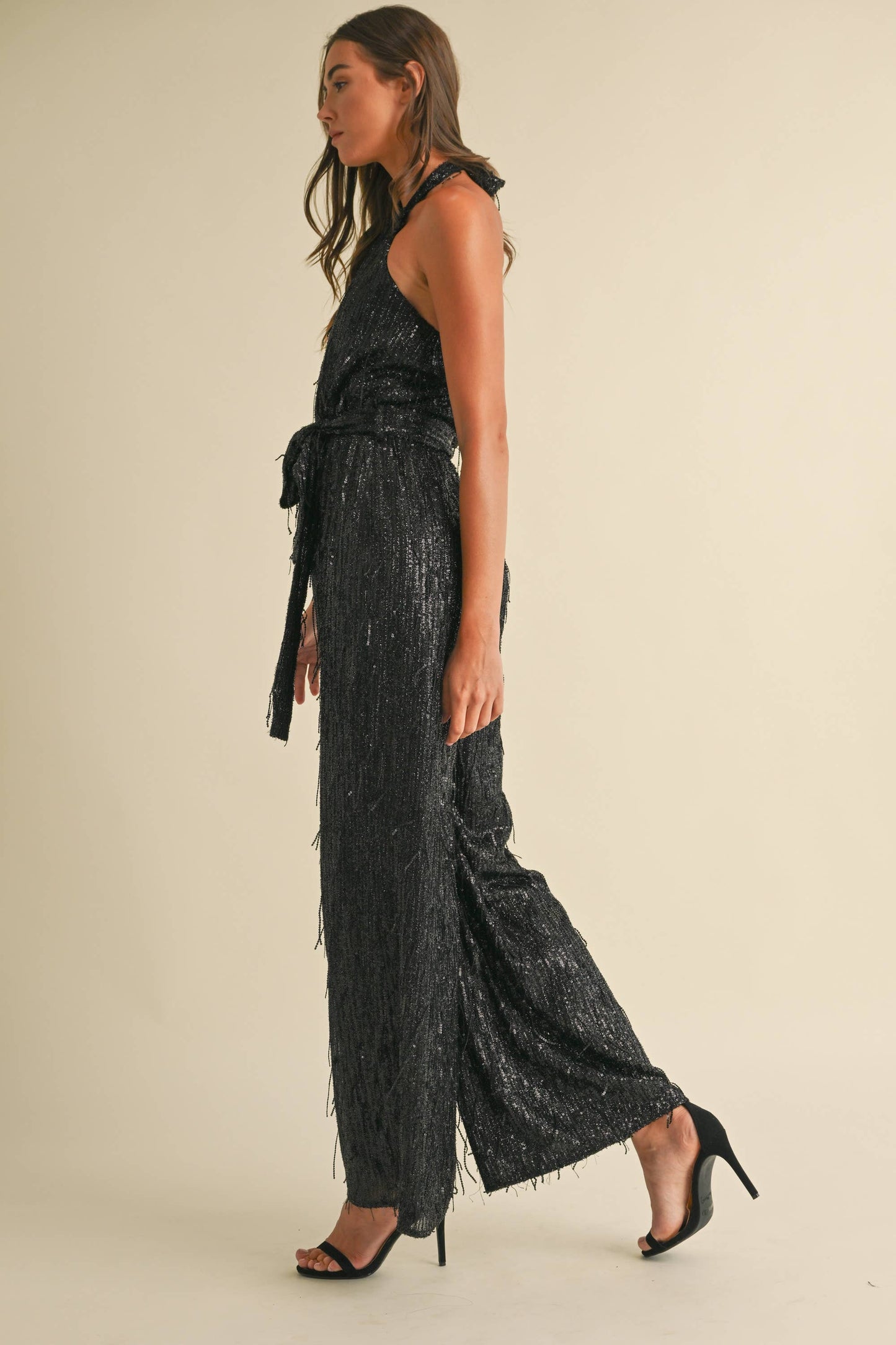 Feather Sequin Jumpsuit: Black