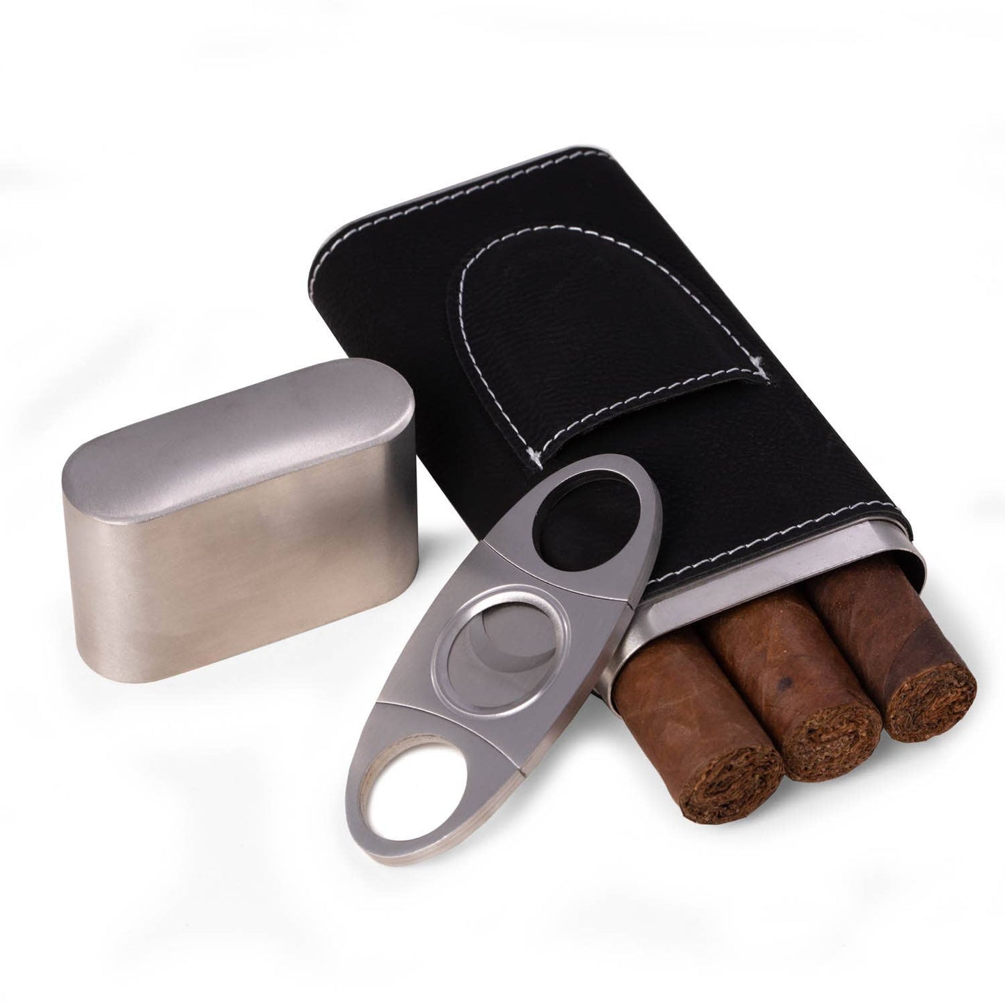 Harrison Leather and Steel Cigar Case with Cutter: Blue