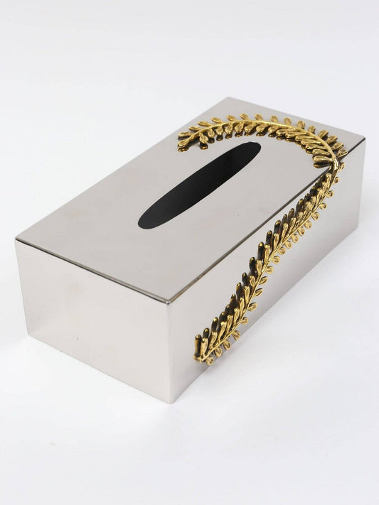 Stainless Tissue Box With Gold Curry Leaf Design