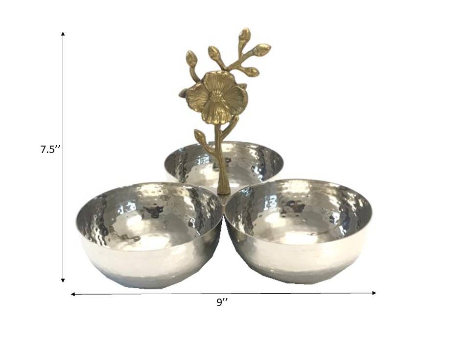 Hammered 3-Section Bowl w/ Gold Floral Handle