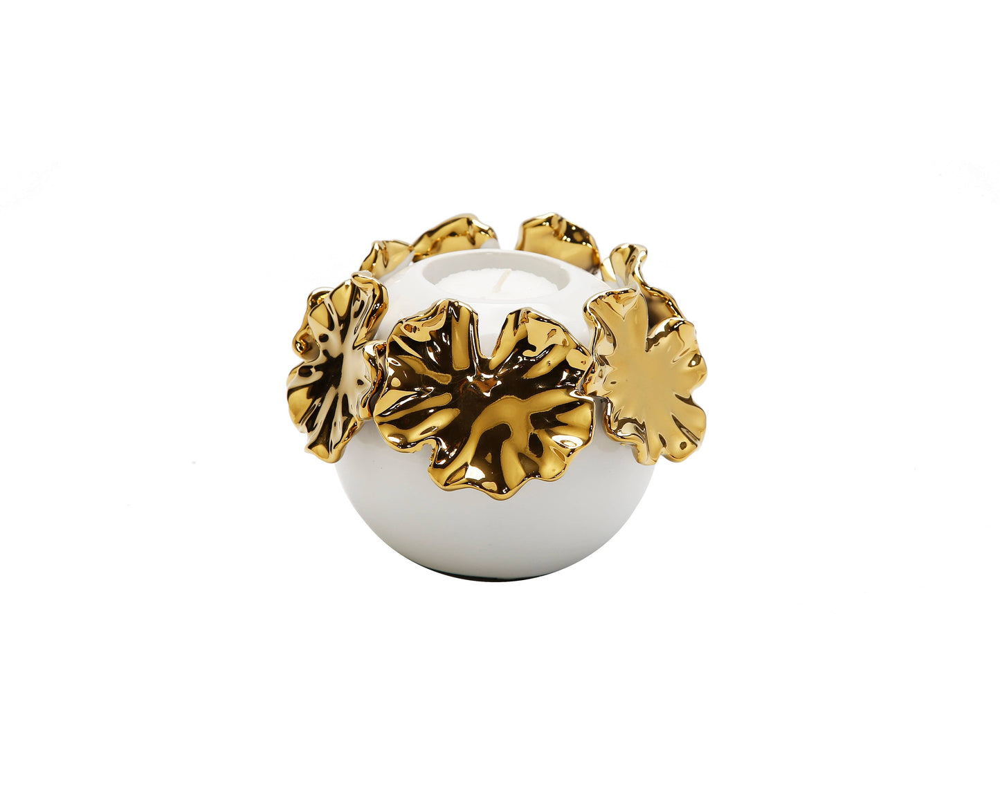 White Ceramic Candle Holder Gold Flower Design: Small