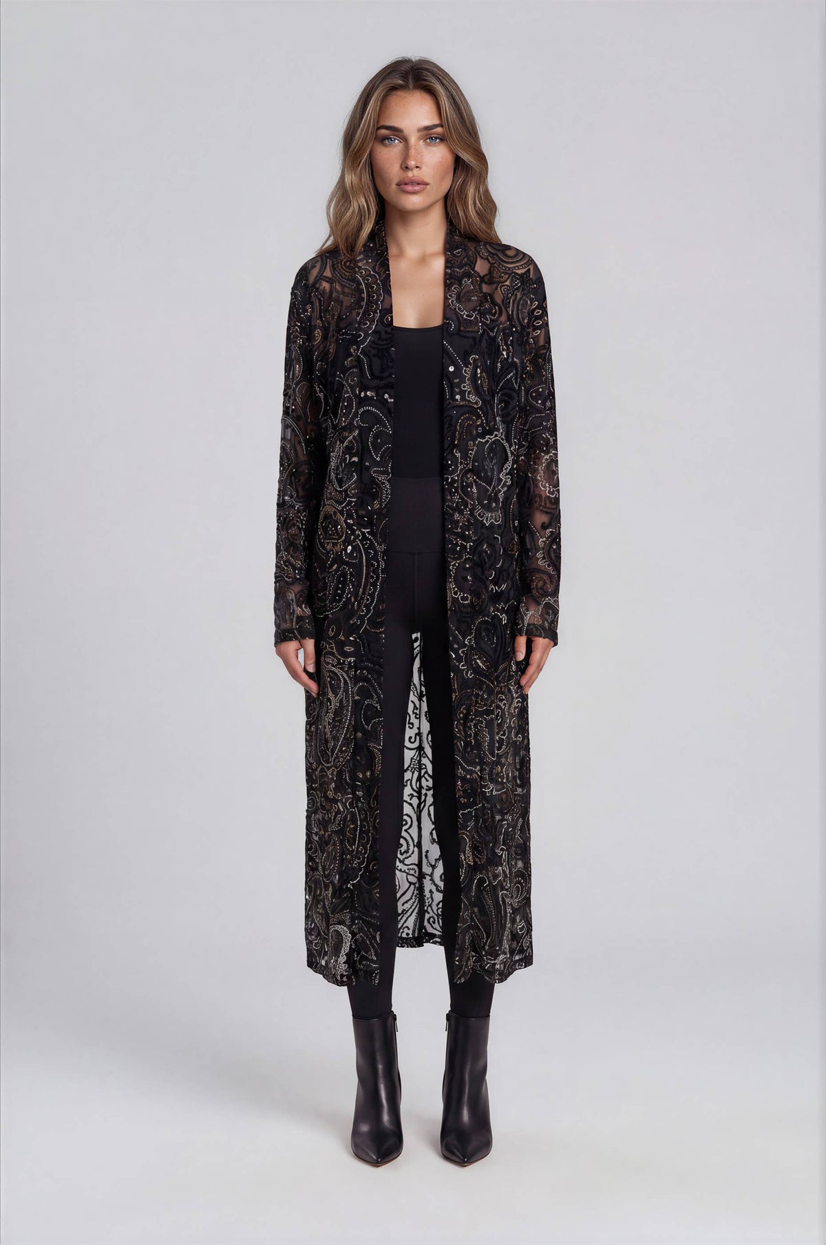 A810-B Velvet Burnout Duster with Metallic Paisley Overlay: L