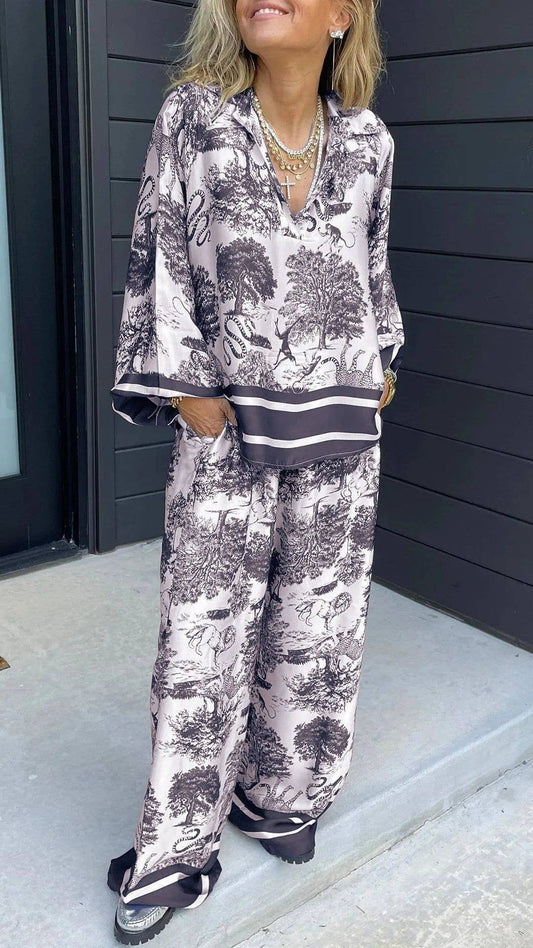 Jungle Floral Toile Print Bubble sleeve blouse set: Grey