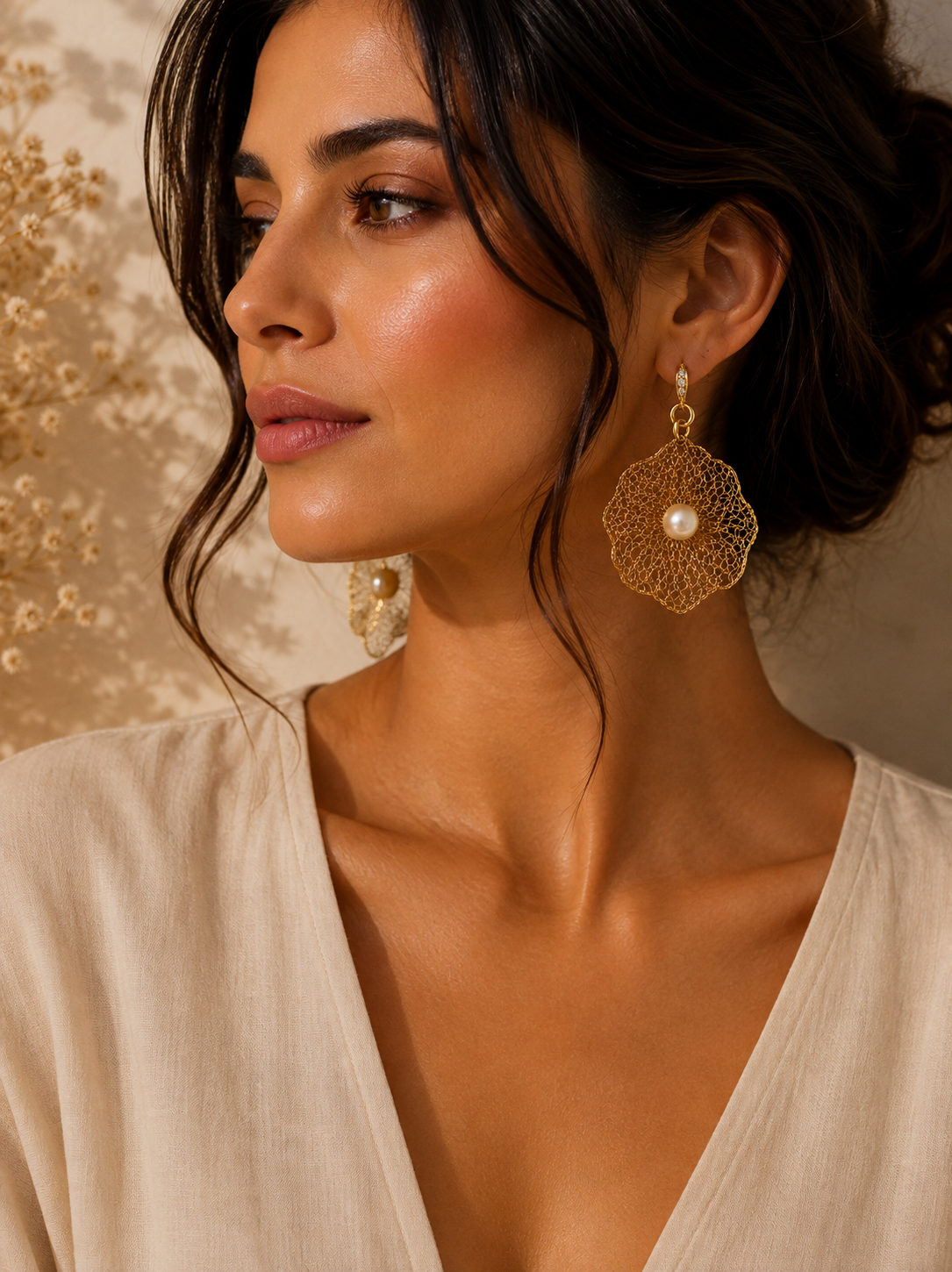 Golden Bloom Beige Freshwater Pearl Earrings