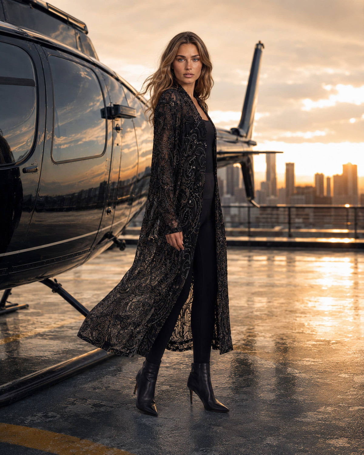 A810-B Velvet Burnout Duster with Metallic Paisley Overlay: L