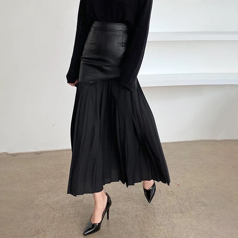 Artful Elegance: Leather & Pleated Skirt