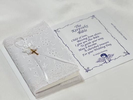 White Eyelet Baby Bible W/ Cross: Silver